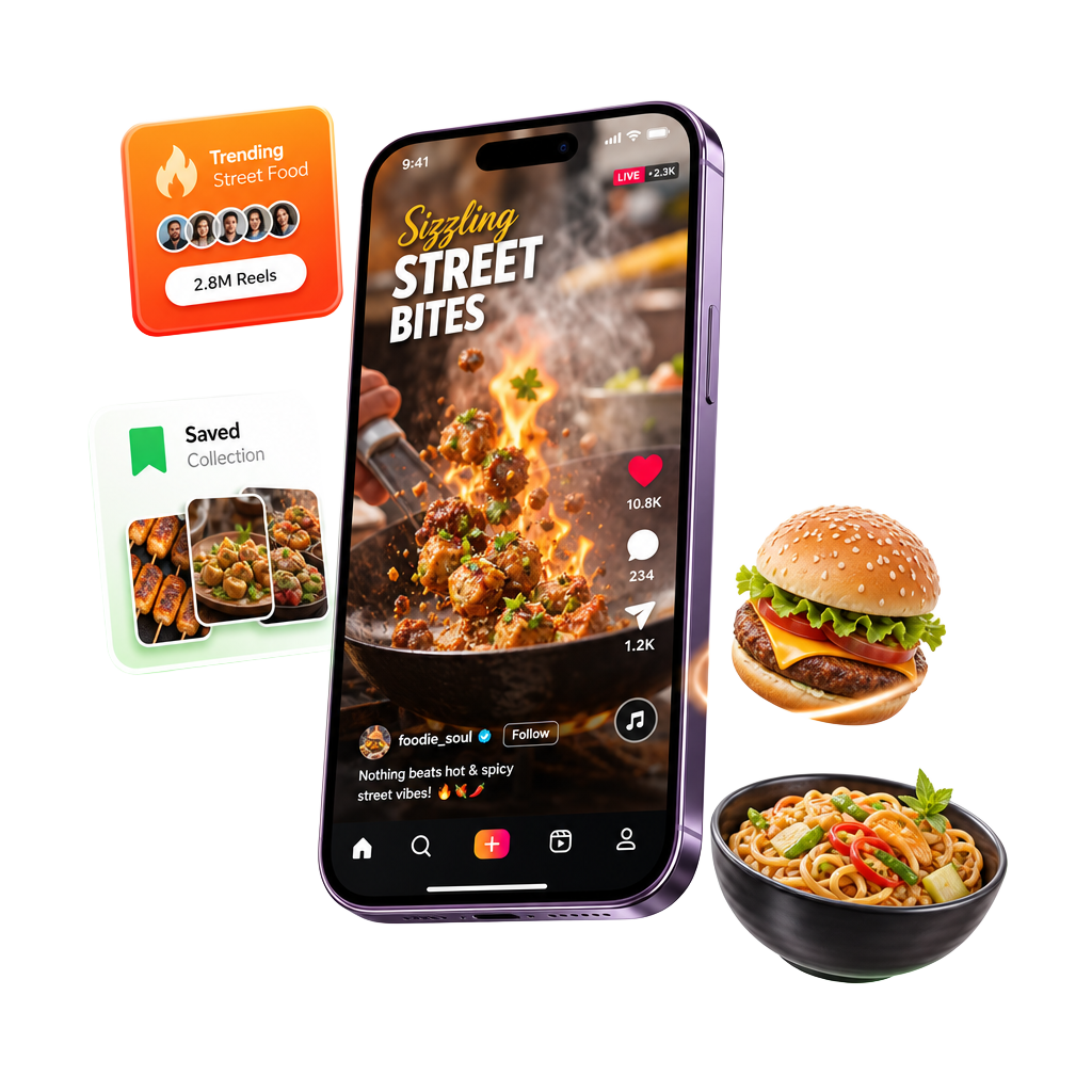 3D render of a Stifoo Bite reel card showing a street food dish