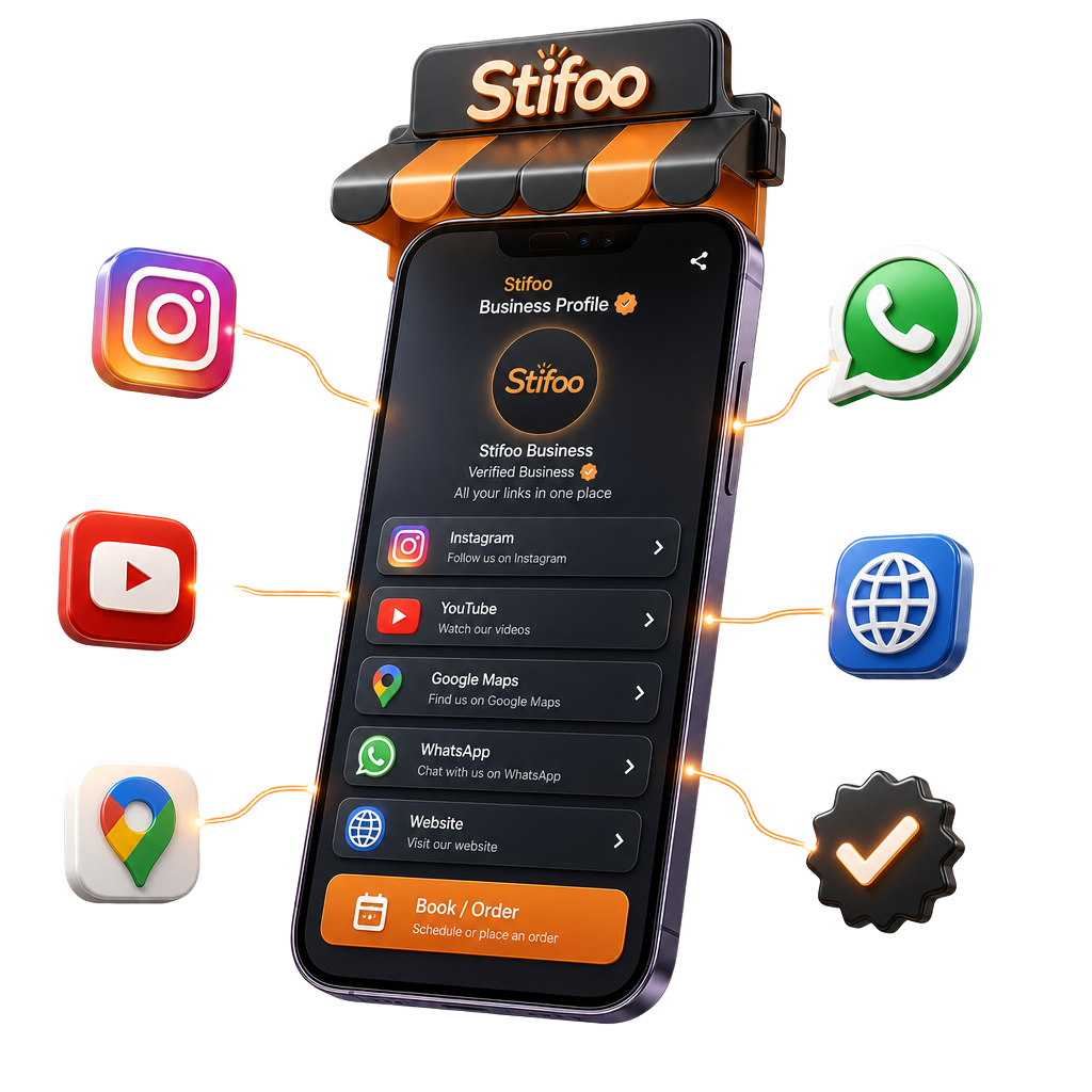A 3D food stall whose Instagram, YouTube, Google Maps, WhatsApp and website links all merge into one verified Stifoo profile card