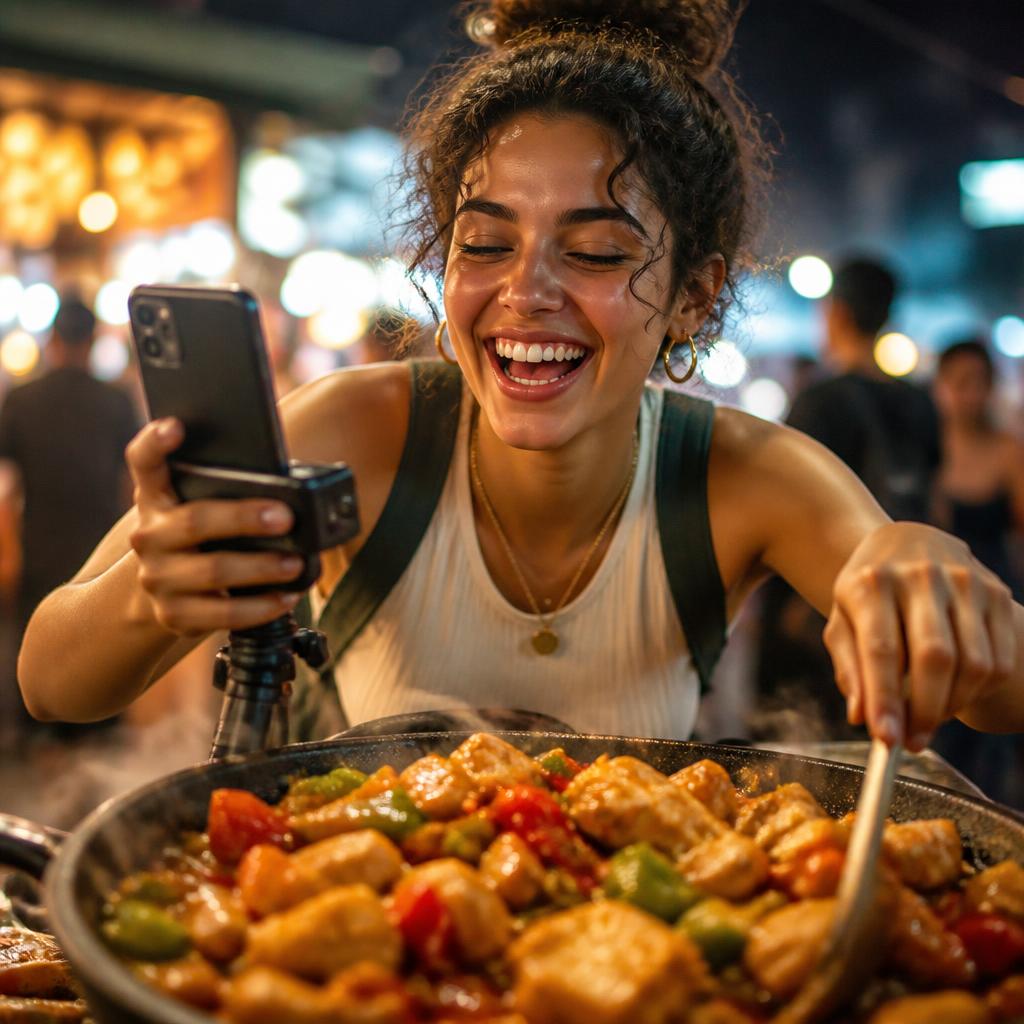 A happy food creator filming a vibrant dish at a night market