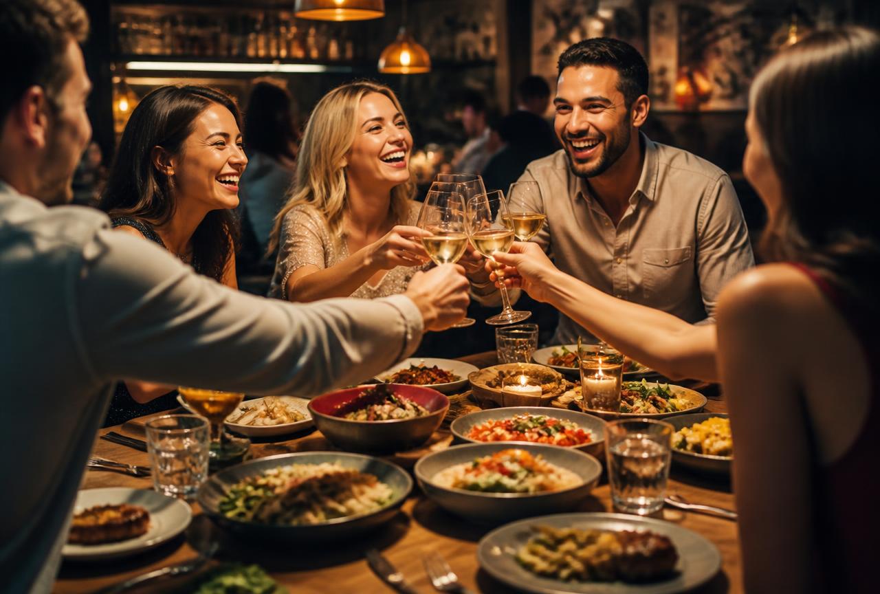 Friends laughing around a table full of dishes in a warm restaurant