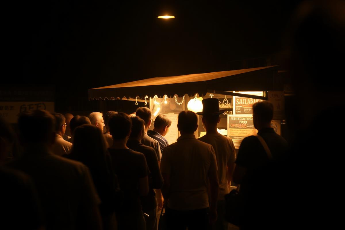 A long queue of people waiting at a glowing night food stall