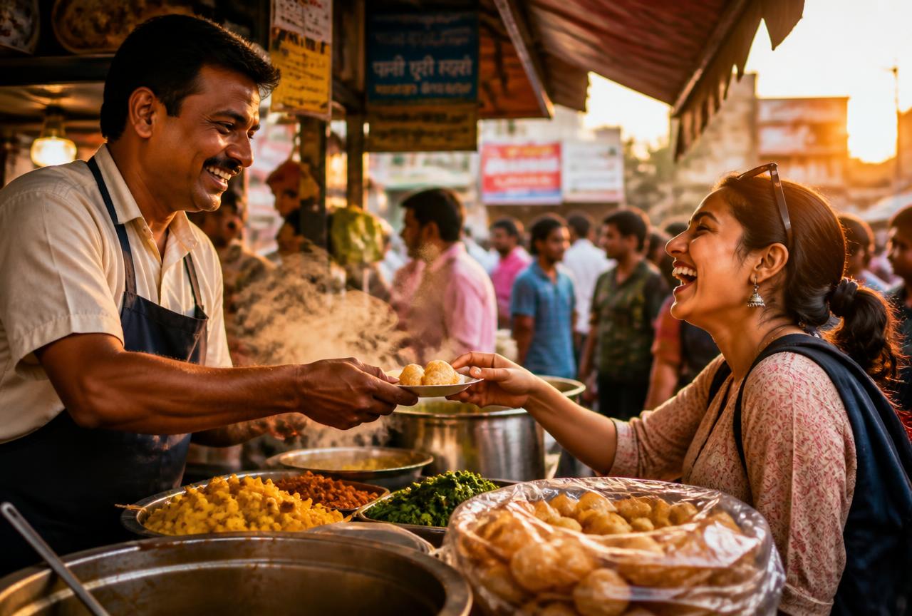 A smiling street food vendor handing a fresh snack to a happy customer
