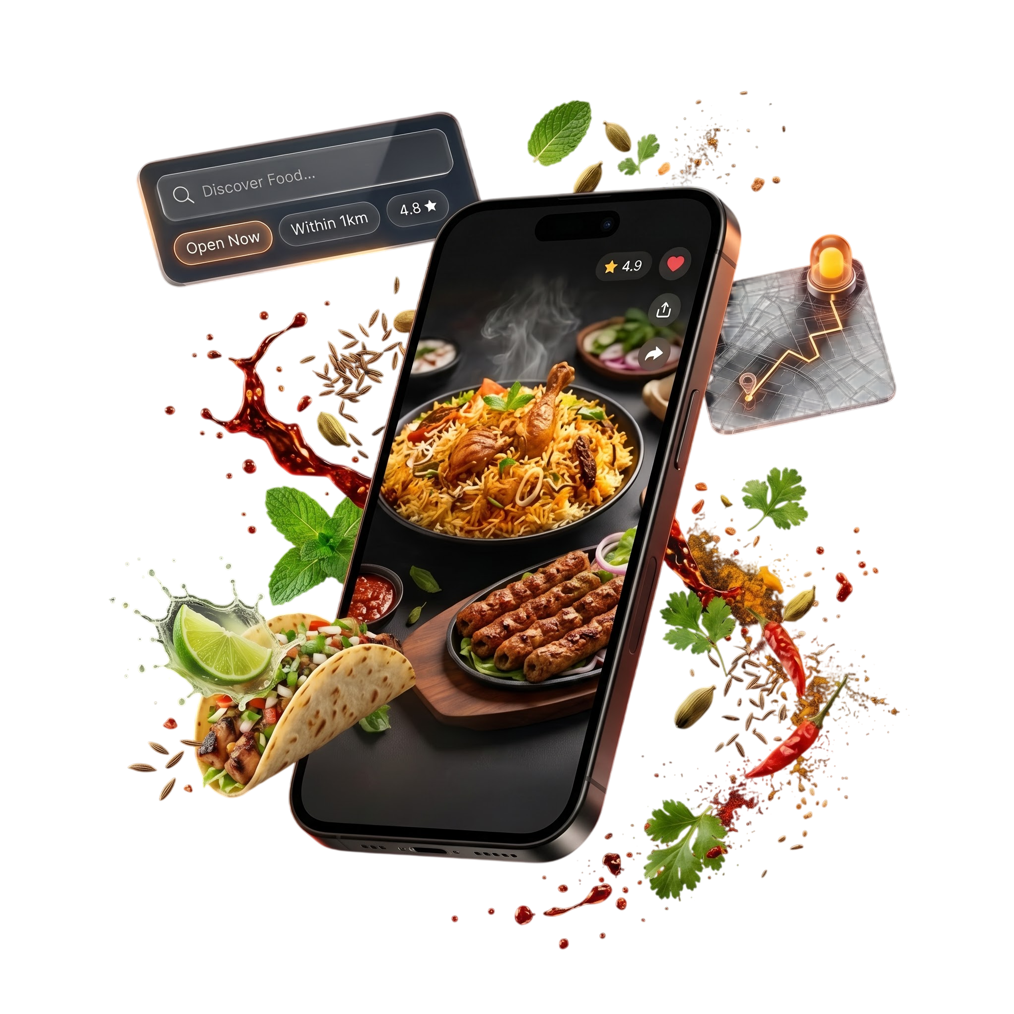 The Stifoo app showing a vertical food feed on a floating phone