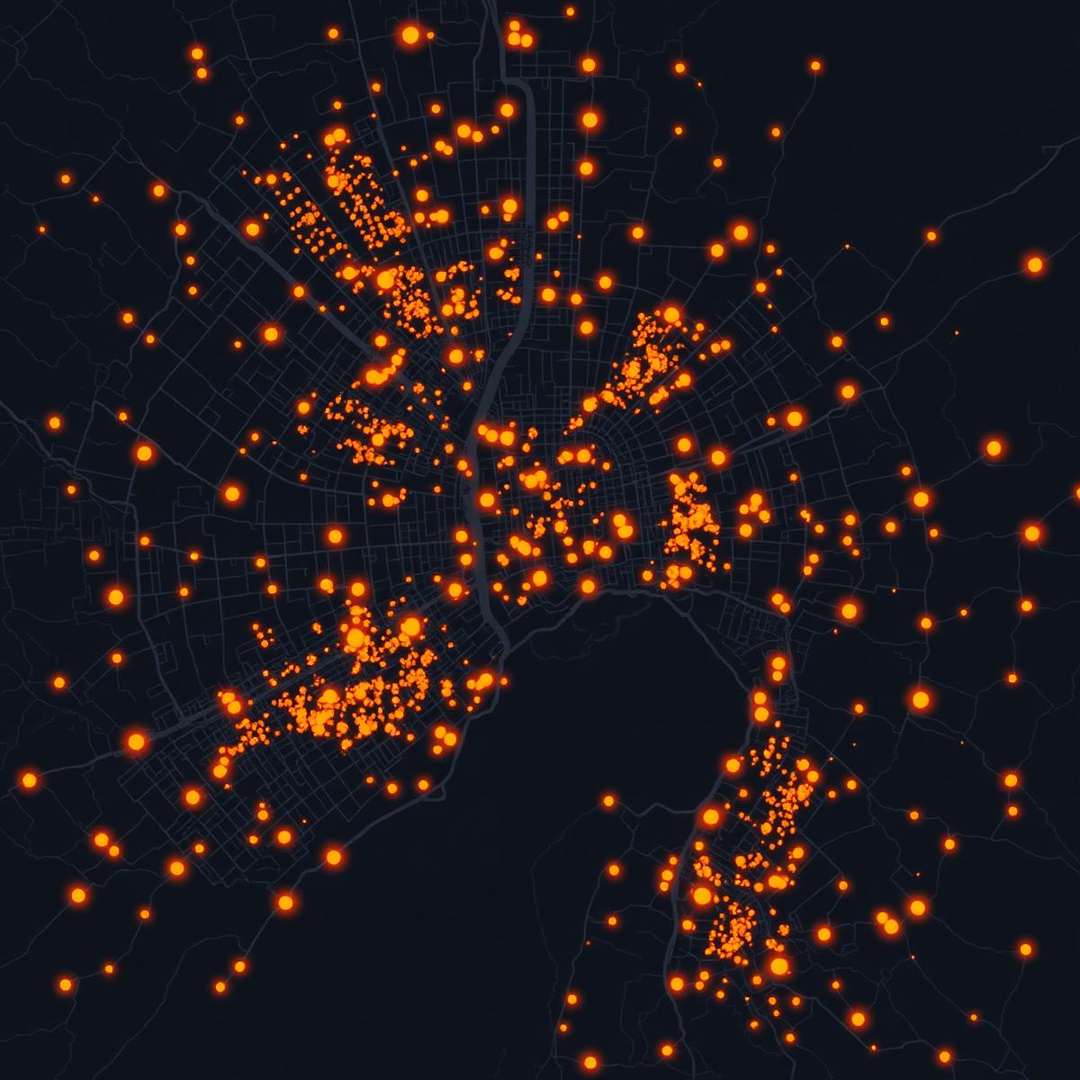 Live hotspot map of a city glowing with food activity